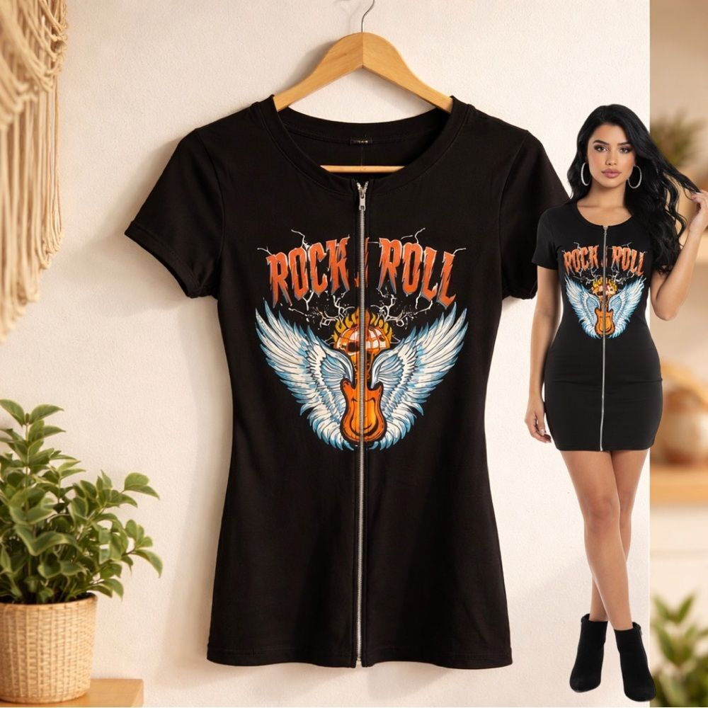 🛍️ Women’s black front zip rock ‘n’ roll guitar fitted mini dress NWOT Sz Medium